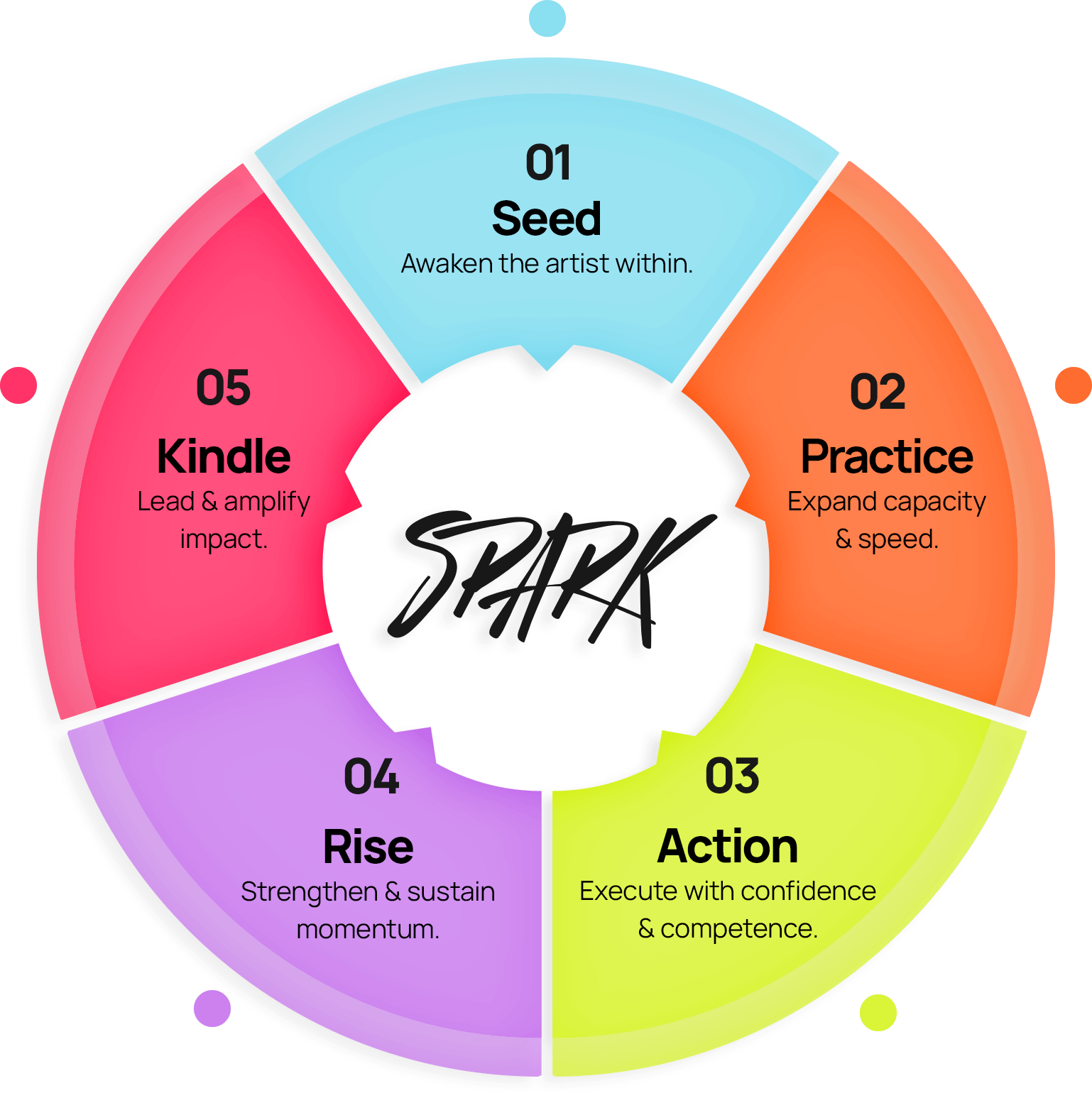 SPARK model 01 Seed - Awaken the artist within 02 Practice - Expand capacity & speed 03 Action - Execute with confidence & competence 04 Rise - Strengthen & sustain momentum 05 Kindle - Lead & amplify impact